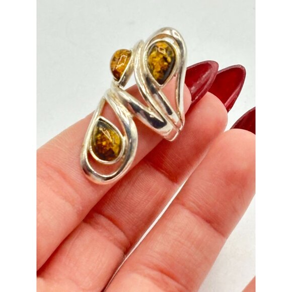 Sterling Silver 925 Amber Statement Ring Modern Swirl Design Size 5 - Picture 6 of 7